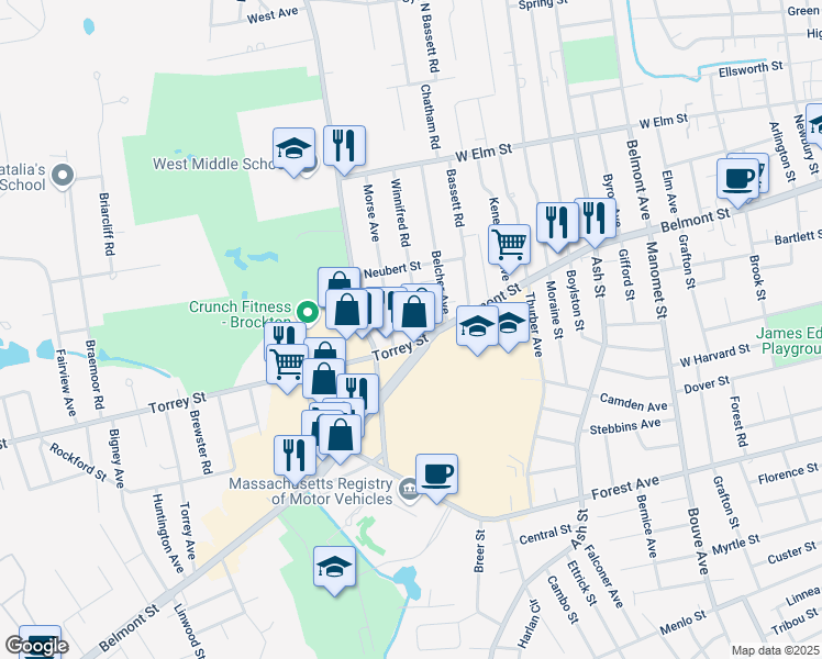 map of restaurants, bars, coffee shops, grocery stores, and more near 17 Torrey Street in Brockton