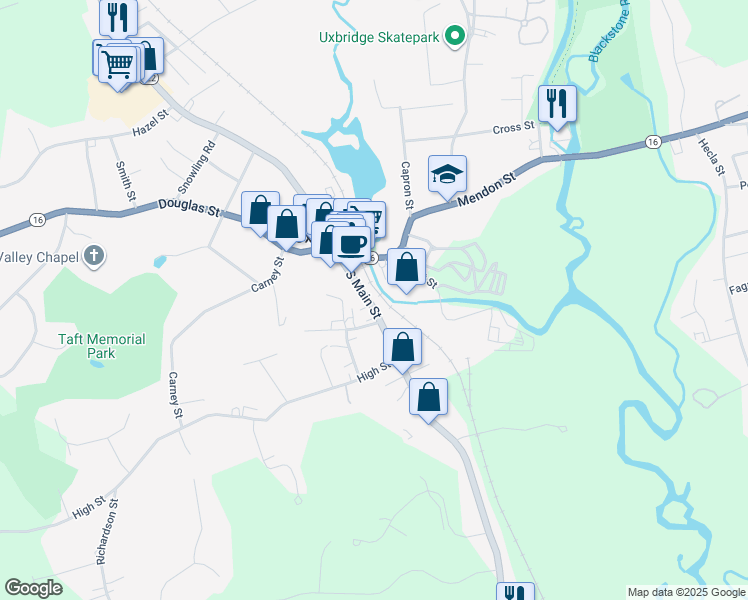 map of restaurants, bars, coffee shops, grocery stores, and more near 28 South Main Street in Uxbridge
