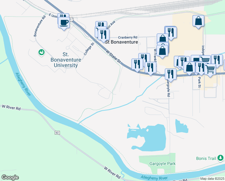 map of restaurants, bars, coffee shops, grocery stores, and more near Allegheny River Valley Trail - St Bonaventure Loop in St Bonaventure