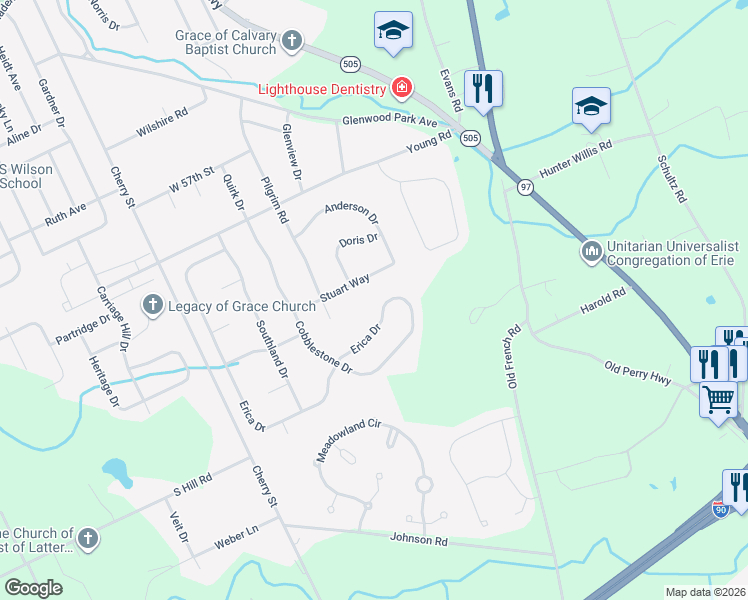 map of restaurants, bars, coffee shops, grocery stores, and more near 319 Erica Dr in Erie