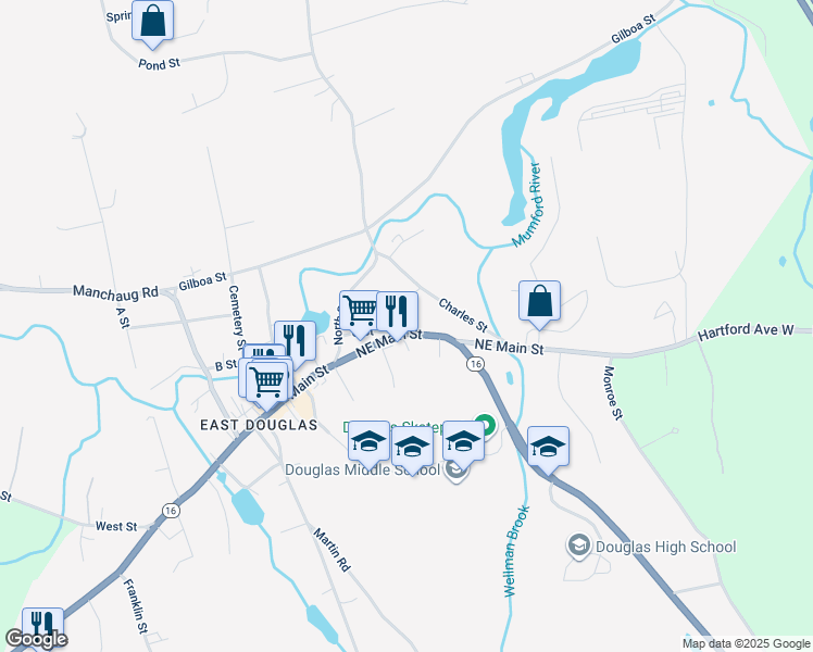 map of restaurants, bars, coffee shops, grocery stores, and more near 410 Northeast Main Street in Douglas