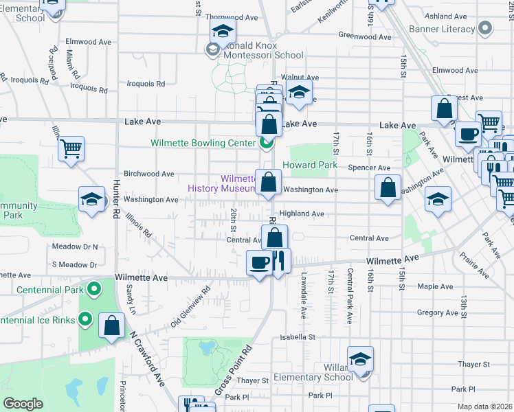 map of restaurants, bars, coffee shops, grocery stores, and more near 1917 Washington Avenue in Wilmette