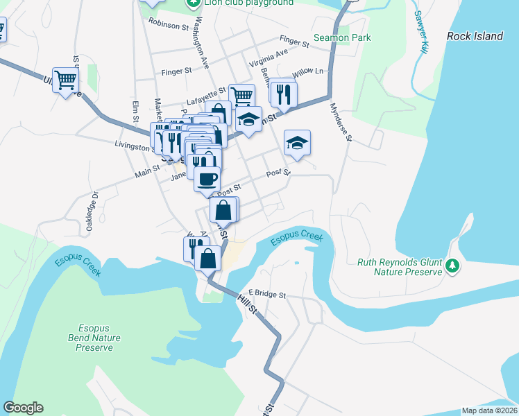 map of restaurants, bars, coffee shops, grocery stores, and more near 82 Montgomery Street in Saugerties