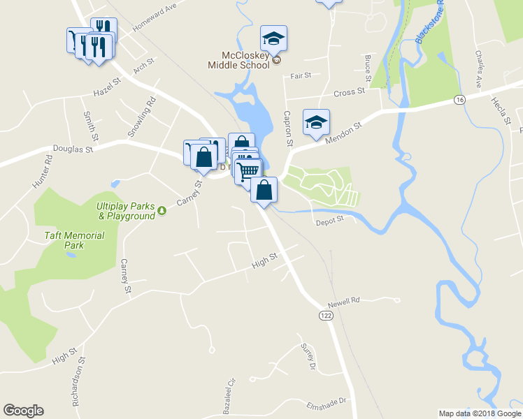 map of restaurants, bars, coffee shops, grocery stores, and more near 44 S Main St in Uxbridge