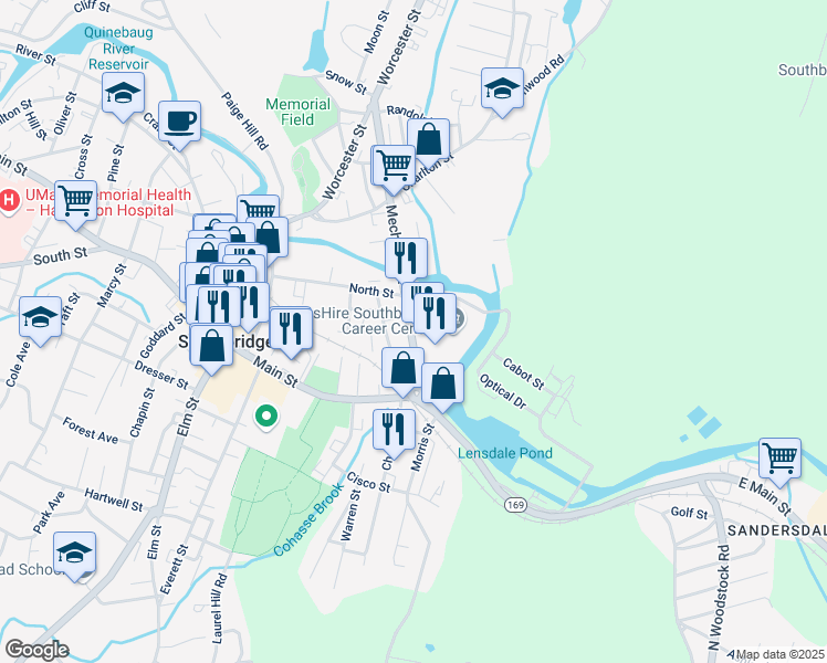 map of restaurants, bars, coffee shops, grocery stores, and more near 1 Mechanic Street in Southbridge