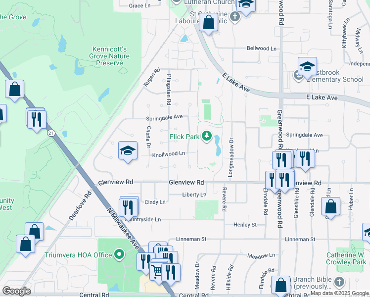 map of restaurants, bars, coffee shops, grocery stores, and more near 3714 Knollwood Lane in Glenview