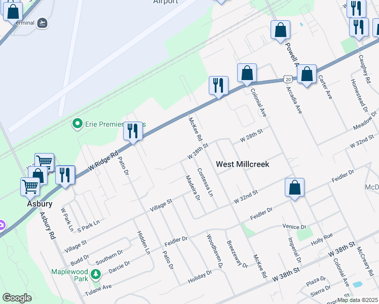 map of restaurants, bars, coffee shops, grocery stores, and more near 4226 West 28th Street in Erie