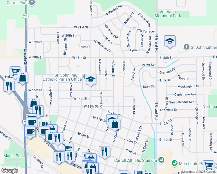 map of restaurants, bars, coffee shops, grocery stores, and more near 1505 N Adams St in Carroll