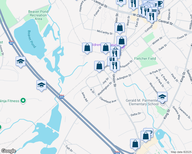 map of restaurants, bars, coffee shops, grocery stores, and more near 16 Worsted Street in Franklin