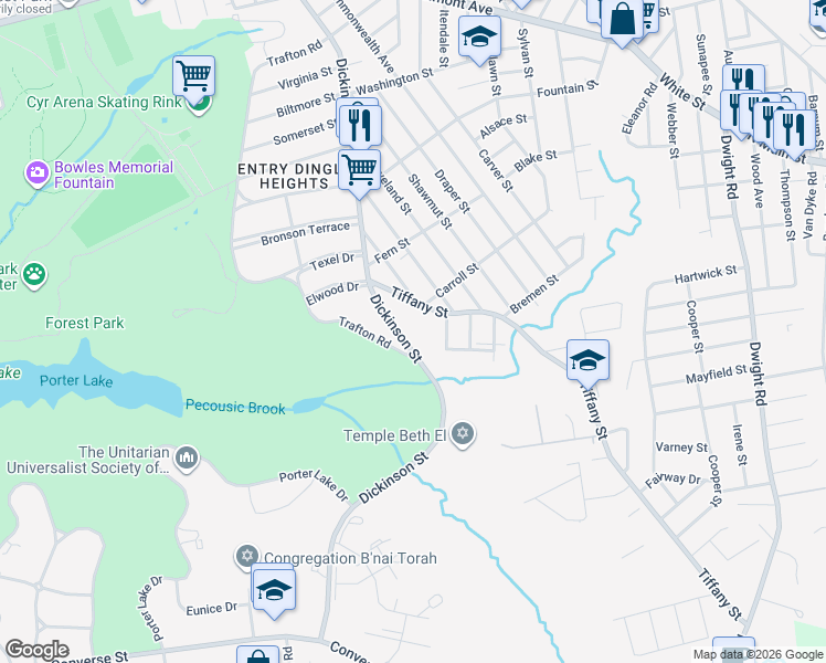 map of restaurants, bars, coffee shops, grocery stores, and more near 855 Dickinson Street in Springfield