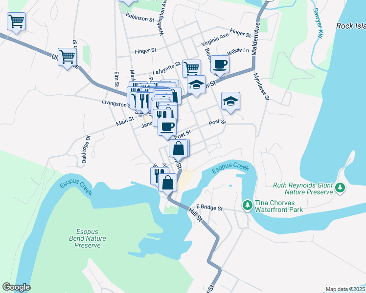 map of restaurants, bars, coffee shops, grocery stores, and more near 22 Clermont Street in Saugerties