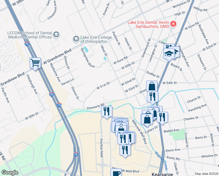 map of restaurants, bars, coffee shops, grocery stores, and more near 5204 West St in Erie