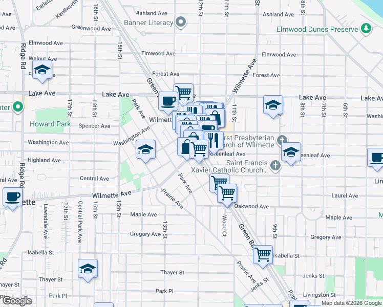 map of restaurants, bars, coffee shops, grocery stores, and more near 541 Green Bay Road in Wilmette