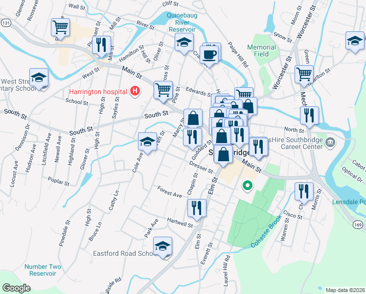 map of restaurants, bars, coffee shops, grocery stores, and more near 15 Franklin Street in Southbridge