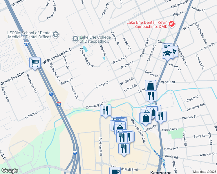 map of restaurants, bars, coffee shops, grocery stores, and more near 5204 West St in Erie