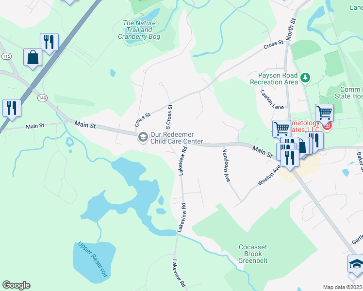 map of restaurants, bars, coffee shops, grocery stores, and more near 5 Lakeview Road in Foxborough