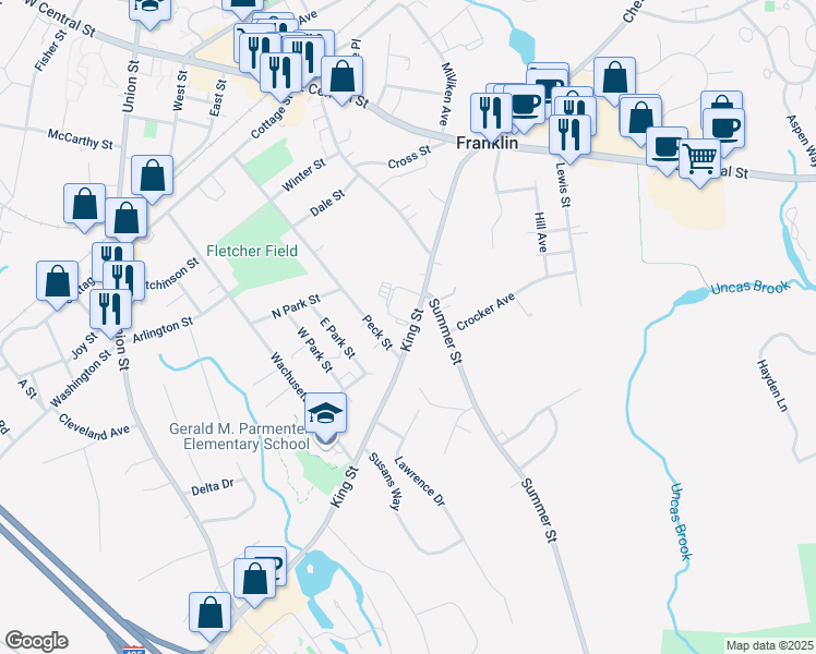 map of restaurants, bars, coffee shops, grocery stores, and more near 139 King Street in Franklin