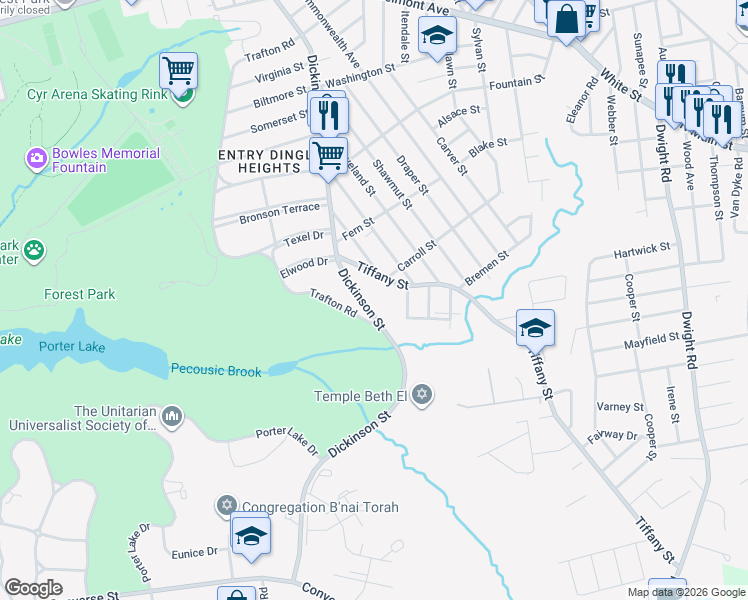 map of restaurants, bars, coffee shops, grocery stores, and more near 855 Dickinson Street in Springfield
