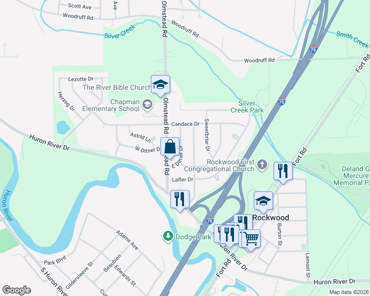 map of restaurants, bars, coffee shops, grocery stores, and more near 31757 East Ditner Drive in Rockwood