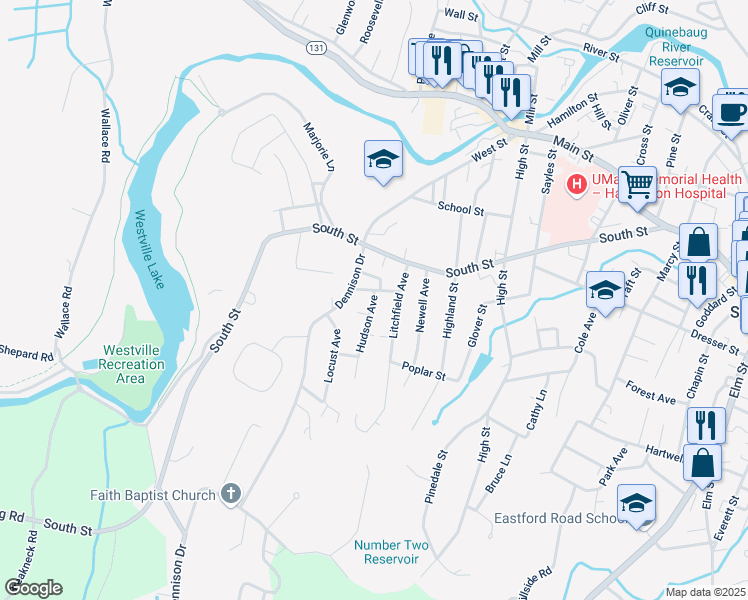 map of restaurants, bars, coffee shops, grocery stores, and more near 18 Hudson Avenue in Southbridge