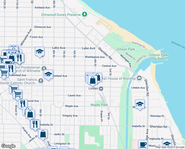 map of restaurants, bars, coffee shops, grocery stores, and more near 419 Greenleaf Avenue in Wilmette