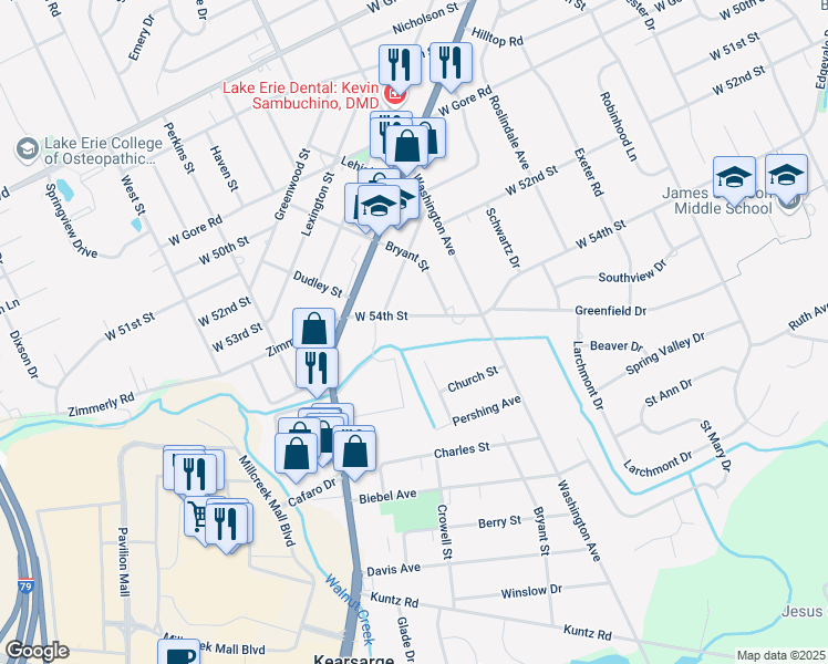 map of restaurants, bars, coffee shops, grocery stores, and more near 5414 Patton St in Erie
