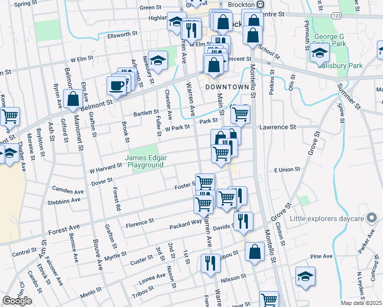 map of restaurants, bars, coffee shops, grocery stores, and more near 64 Harvard Street in Brockton