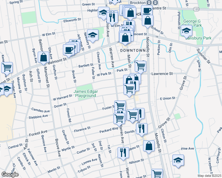 map of restaurants, bars, coffee shops, grocery stores, and more near 59 Dover Street in Brockton