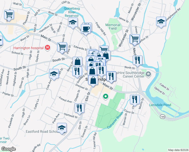 map of restaurants, bars, coffee shops, grocery stores, and more near 295 Main Street in Southbridge