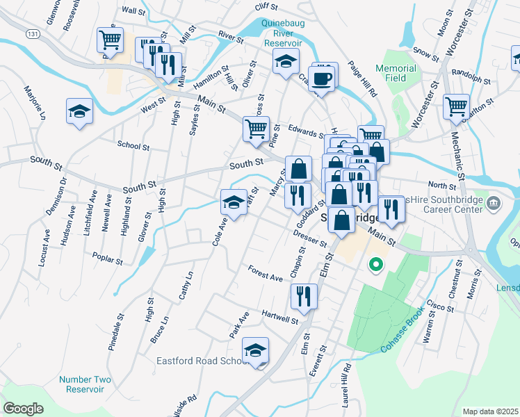 map of restaurants, bars, coffee shops, grocery stores, and more near 172 Marcy Street in Southbridge