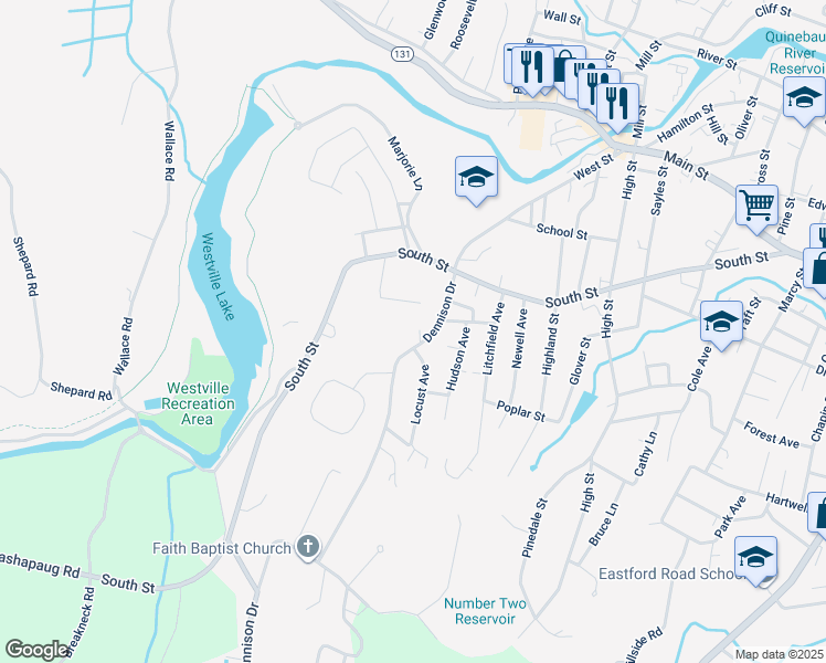 map of restaurants, bars, coffee shops, grocery stores, and more near 297 Dennison Drive in Southbridge