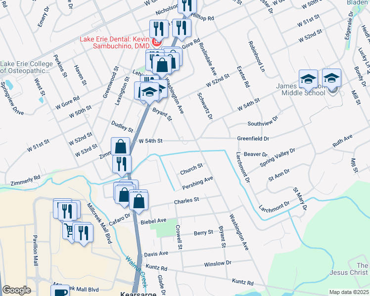 map of restaurants, bars, coffee shops, grocery stores, and more near 5415 Patton Street in Erie
