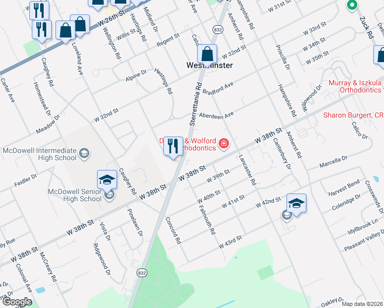 map of restaurants, bars, coffee shops, grocery stores, and more near 3322 West 38th Street in Erie