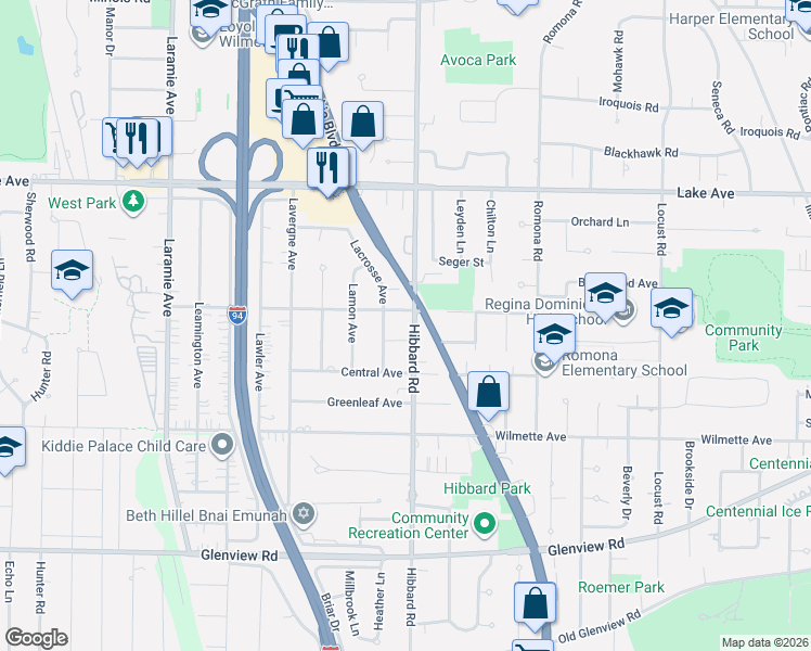 map of restaurants, bars, coffee shops, grocery stores, and more near 636 Hibbard Road in Wilmette