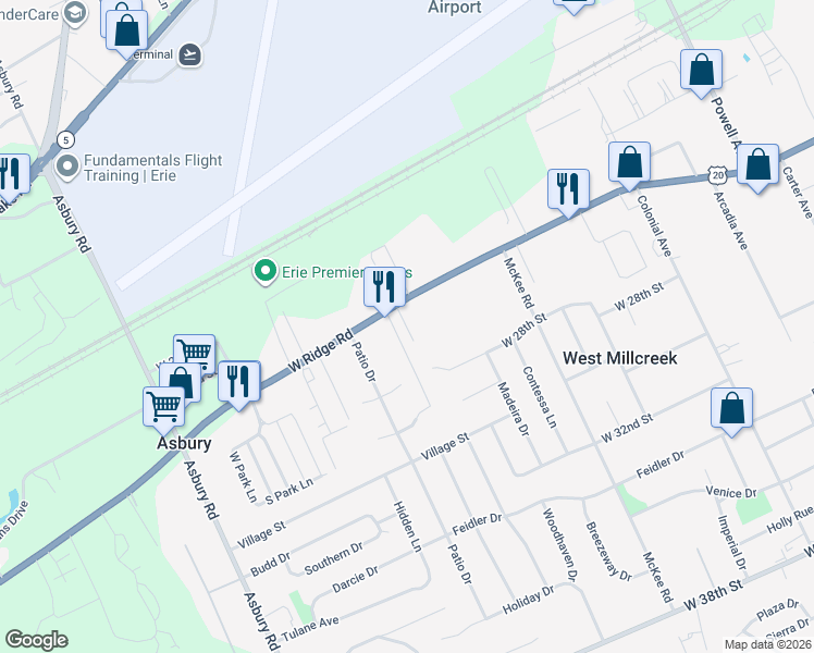 map of restaurants, bars, coffee shops, grocery stores, and more near 2626 Country Ln in Erie