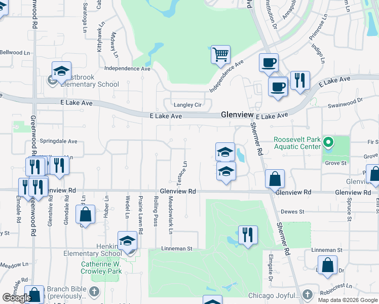 map of restaurants, bars, coffee shops, grocery stores, and more near 1103 Terrace Lane in Glenview