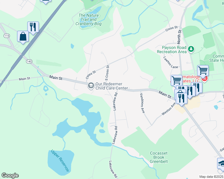 map of restaurants, bars, coffee shops, grocery stores, and more near 5 Lakeview Road in Foxborough