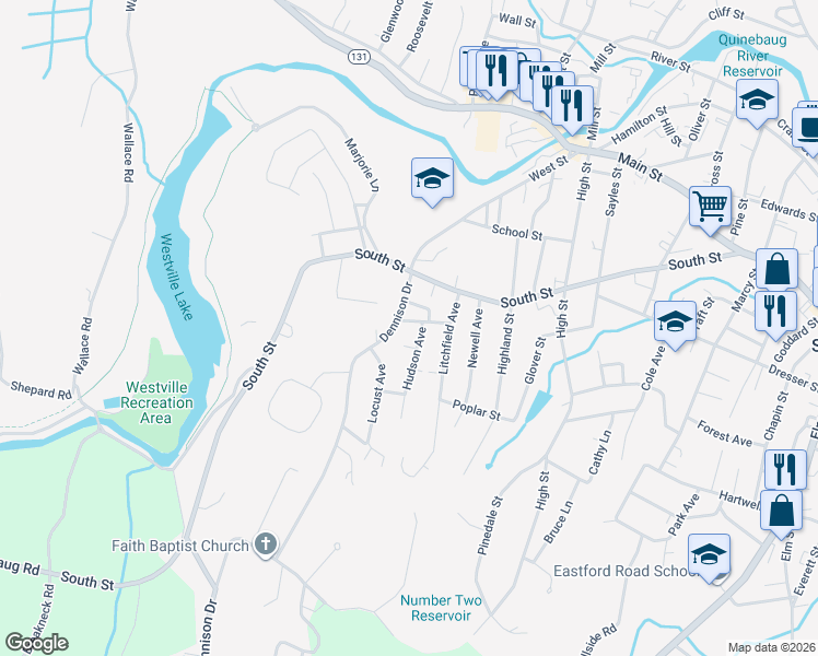 map of restaurants, bars, coffee shops, grocery stores, and more near 18 Hudson Avenue in Southbridge