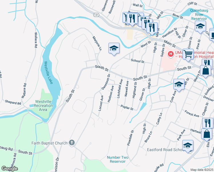 map of restaurants, bars, coffee shops, grocery stores, and more near 18 Hudson Avenue in Southbridge