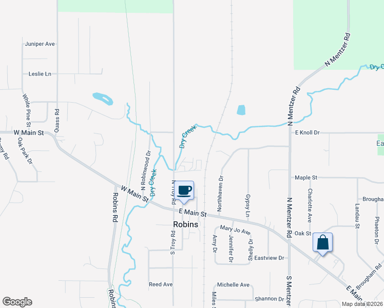 map of restaurants, bars, coffee shops, grocery stores, and more near 182 North Troy Road in Robins