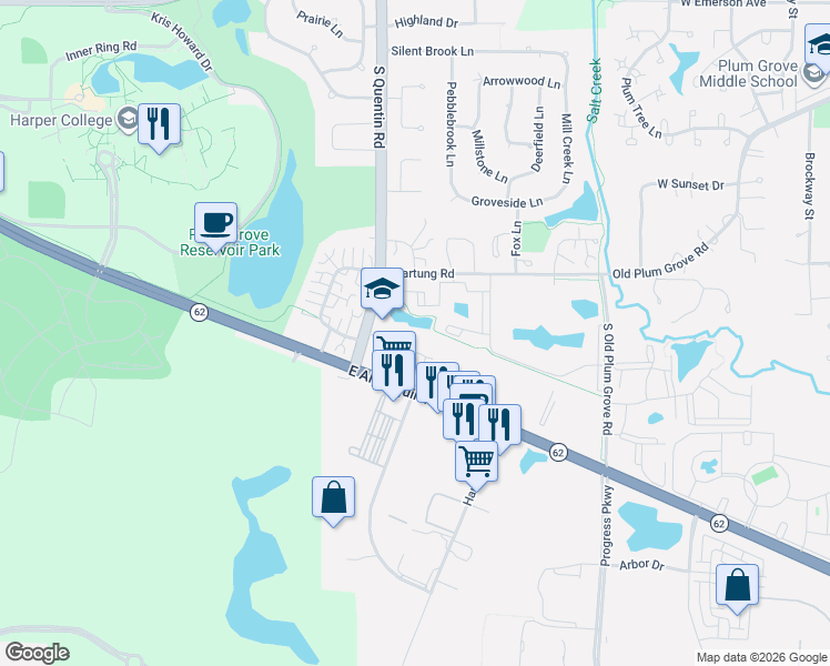 map of restaurants, bars, coffee shops, grocery stores, and more near 670 East Algonquin Road in Schaumburg