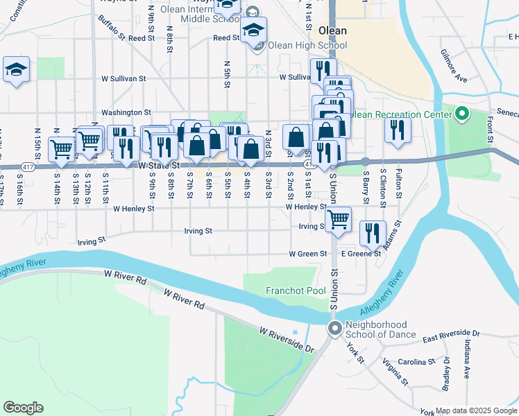 map of restaurants, bars, coffee shops, grocery stores, and more near 411 West Henley Street in Olean