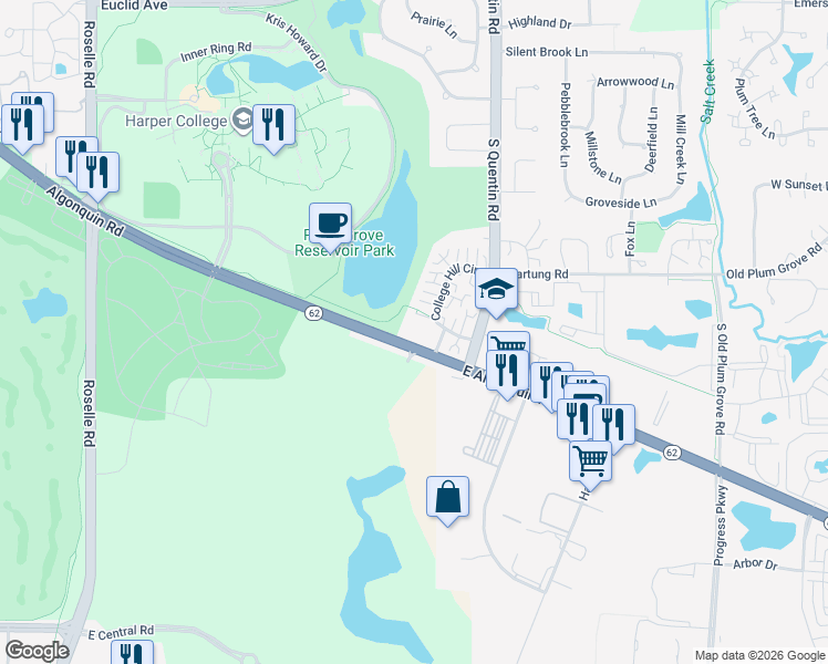 map of restaurants, bars, coffee shops, grocery stores, and more near 522 East Algonquin Road in Schaumburg