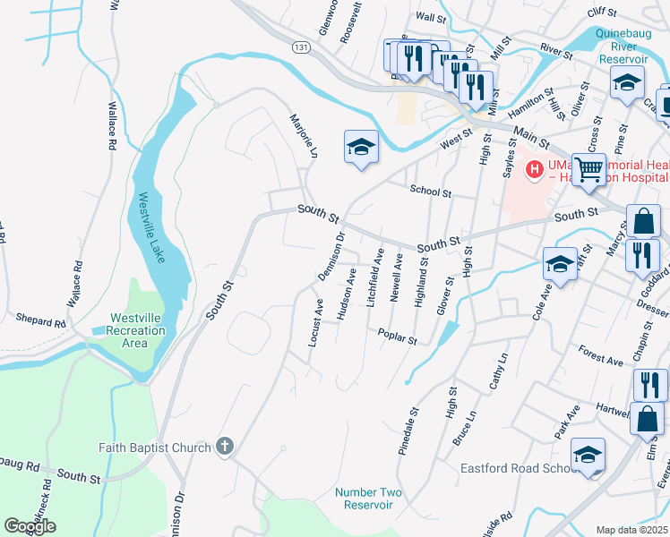 map of restaurants, bars, coffee shops, grocery stores, and more near 18 Hudson Avenue in Southbridge