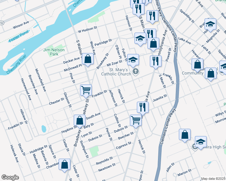 map of restaurants, bars, coffee shops, grocery stores, and more near 511 Jefferson Street in Elmira