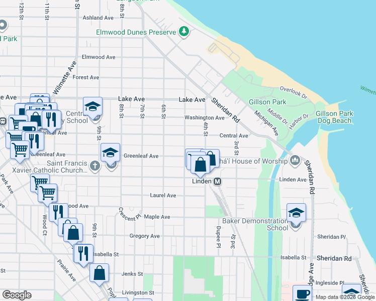 map of restaurants, bars, coffee shops, grocery stores, and more near 419 Greenleaf Avenue in Wilmette
