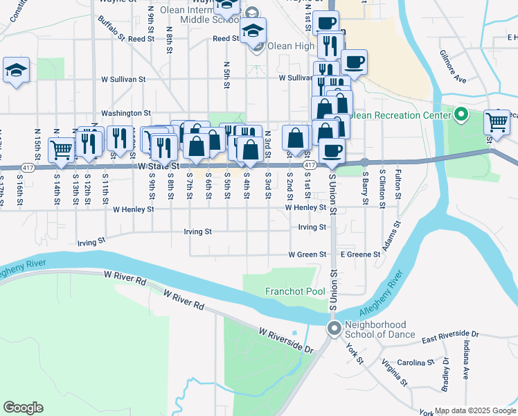 map of restaurants, bars, coffee shops, grocery stores, and more near 411 West Henley Street in Olean