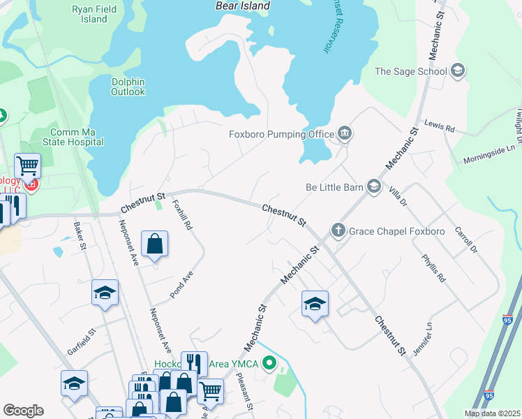 map of restaurants, bars, coffee shops, grocery stores, and more near 97 Chestnut Street in Foxborough