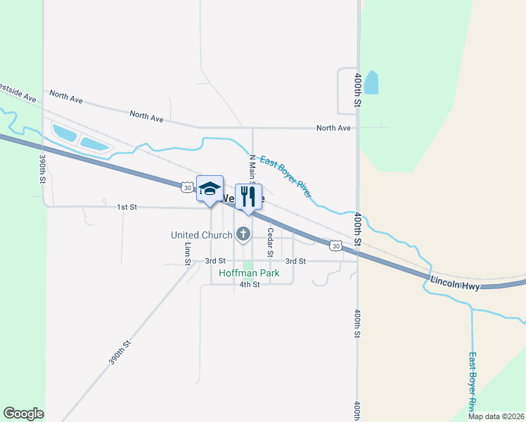 map of restaurants, bars, coffee shops, grocery stores, and more near 407 U.S. 30 in Westside