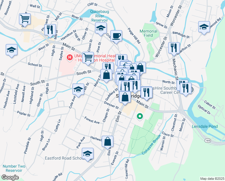 map of restaurants, bars, coffee shops, grocery stores, and more near 38 Goddard Street in Southbridge